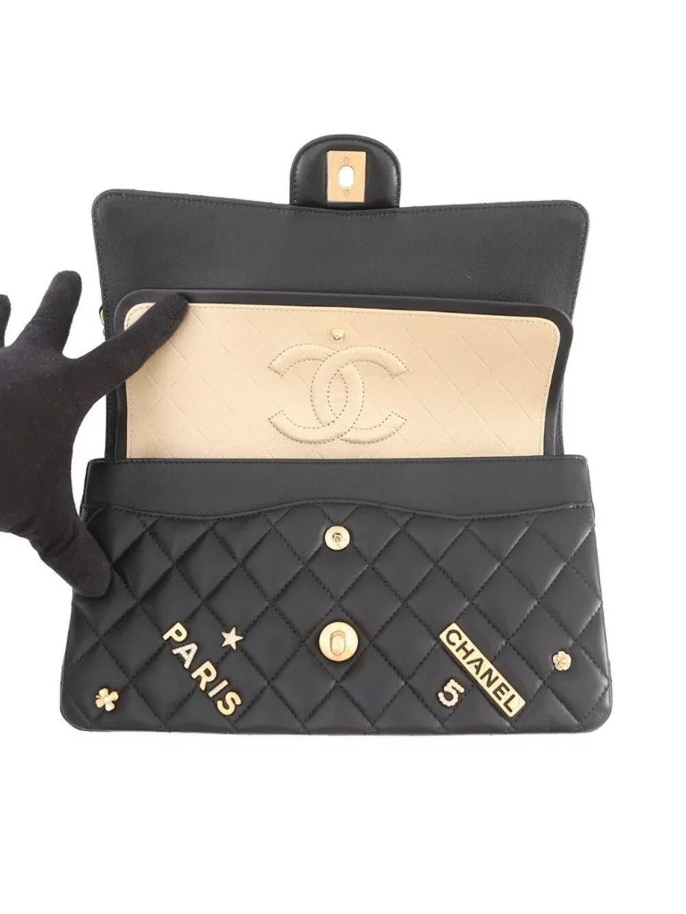 Chanel Chain Shoulder Bag Quilted 25 CC Logo Icon Charm Lambskin Double Black